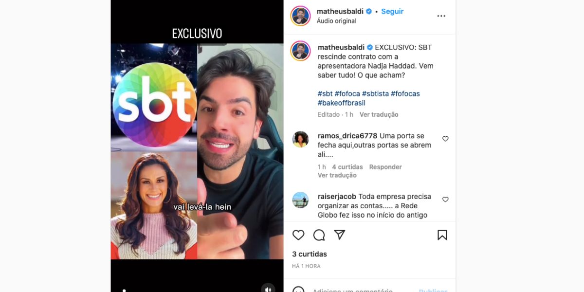 Matheus Baldi confirma demissão de Nadja Haddad, que estava há anos na empresa de Silvio Santos, do SBT (Foto: Reprodução / Instagram) 