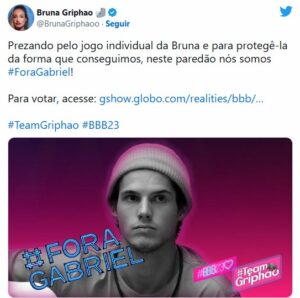 BBB23 - Equipe de Bruna faz mutirão para eliminar Gabriel: "Protegê-la" (Foto: Reprodução / Twitter)