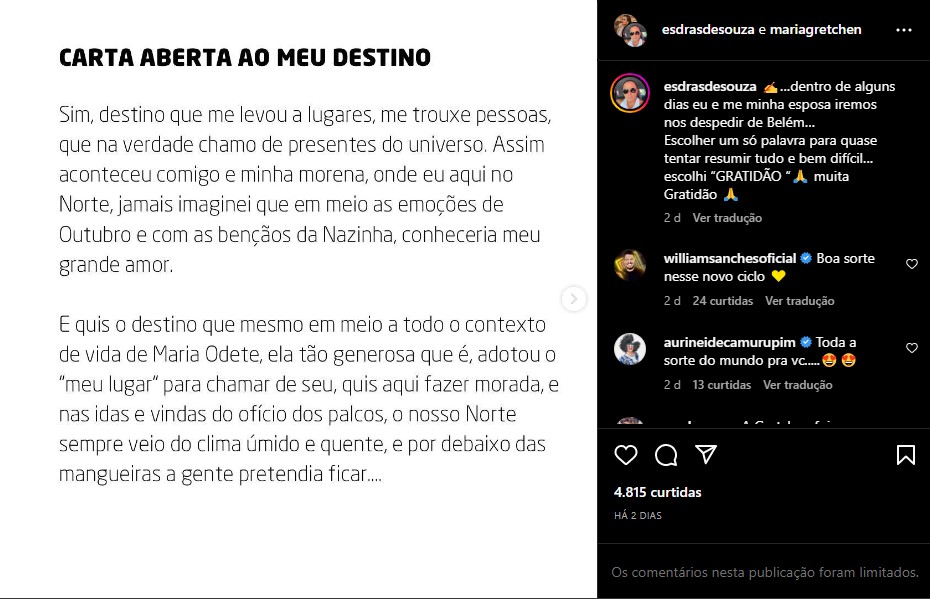 Carta aberta divulgada pelo marido de Gretchen nas redes sociais - Foto: Reprodução