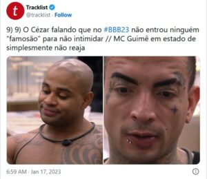 BBB23 - Cézar debocha de 'Camarotes' na frente de MC Guimê (Foto: Reprodução / Twitter)