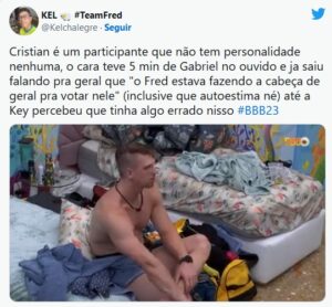 BBB23 - Key se revolta com cabeça fraca de Cristian (Foto: Reprodução / Twitter)