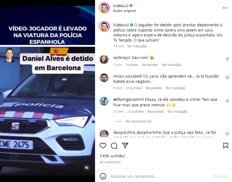 Luiz Bacci noticiou prisão de Daniel Alves em suas redes sociais (Foto: Reprodução/ Instagram)