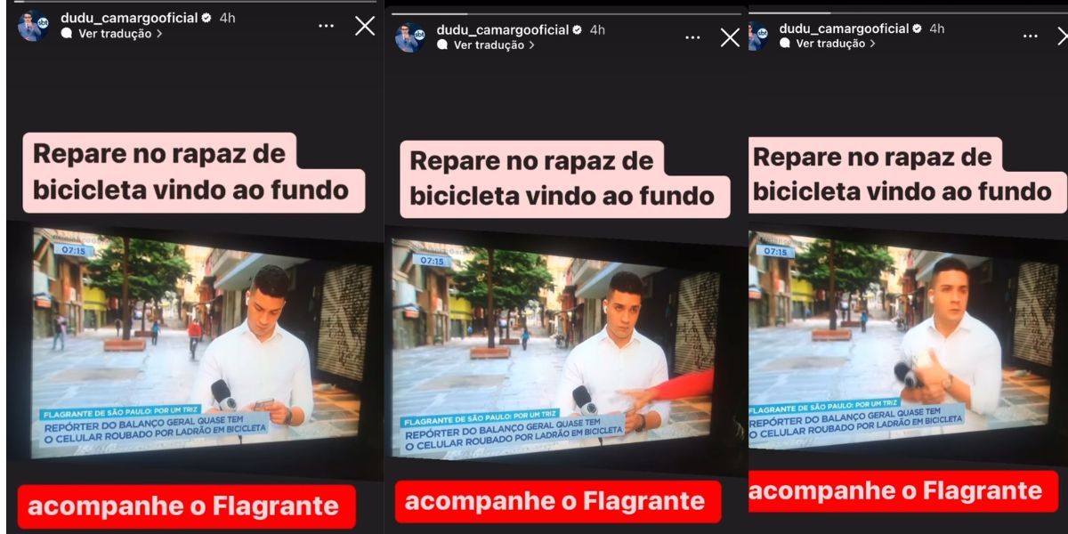 Dudu Camargo, comandante do Primeiro Impacto, do SBT, mostra imagens de Marcos Guimarães, do Balanço Geral, Record, da vítima de tentativa de roubo em São Paulo (Foto: Reprodução / Instagram)