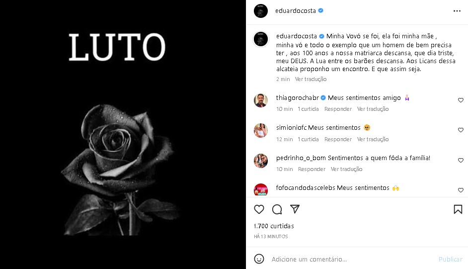 Eduardo Costa surgiu abalado ao confirmar morte na família - Foto: Reprodução/ Instagram