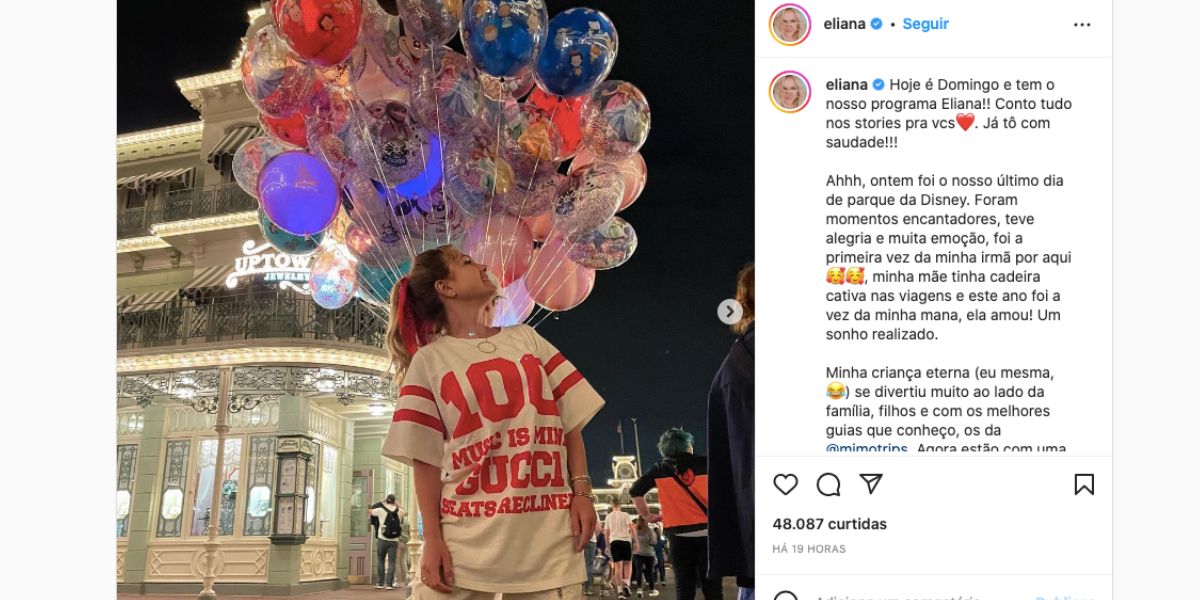 Nas redes sociais, Eliana compartilha série de fotos na Disney, em Orlando, ao lado da família, confessa que viveu dias incríveis, que voltou a ser criança e que viagem acabou (Foto: Reprodução / Instagram)