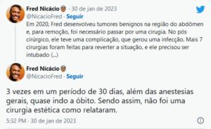 BBB23 - Equipe de Fred Nicácio desmente cirurgia estética e faz relato chocante de tumor (Foto: Reprodução / Twitter)