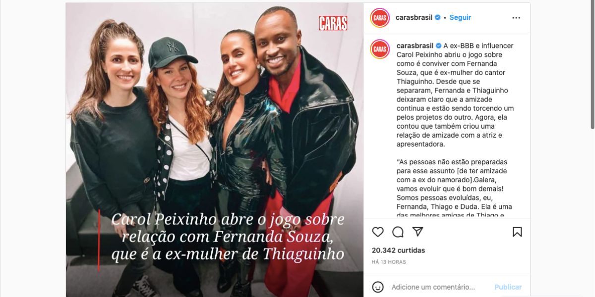 Durante entrevista, Carol Peixinho, atual namorada de Thiaguinho, admitiu ser amiga de Fernanda Souza e contou o que muitos já sabem: ela é uma grande pessoa (Foto: Reprodução / Instagram Caras)