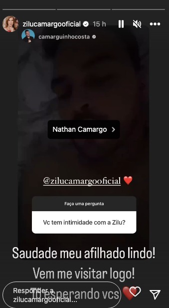 Nathan Camargo, herdeiro de Luciano Camargo, confessa que ama sua madrinha, Zilu, e admite saudade em vídeo (Foto: Reprodução / Instagram)