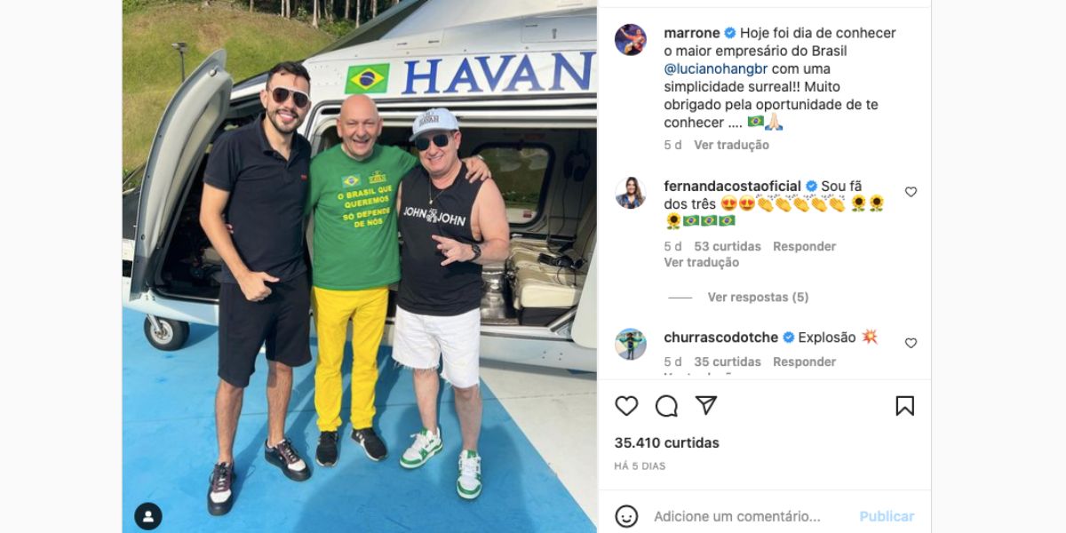 Marrone, da dupla com Bruno, compartilha foto com Luciano Hang, mais conhecido como o dono da Havan, e apoiador de Jair Bolsonaro e deixa claro opinião política fato que Zezé Di Camargo não teve coragem de fazer (Foto: Reprodução / Instagram)