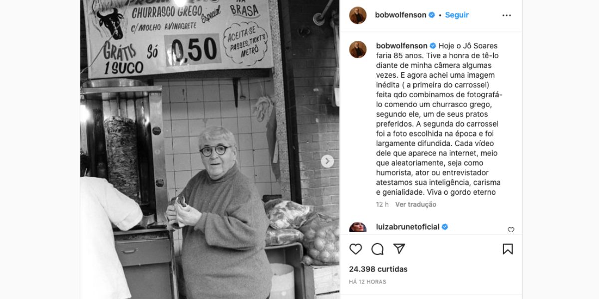 Fotógrafo compartilha clique inédito de Jô Soares comendo churrasco grego antes de morrer e deixa o Brasil chocado (Fotos: Reprodução / Instagram) 