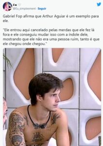 BBB23 - Gabriel elogia Arthur Aguiar e se compara à Karol Conká (Foto: Reprodução / Twitter)