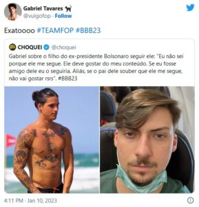 BBB23 - Gabriel expõe relação com filho de Bolsonaro: "Quem não deve não teme" (Foto: Reprodução / Twitter)