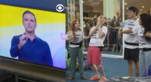 Gafe ao vivo e em rede nacional: Participante da Casa de Vidro chama por Tiago Leifert na cara de Tadeu (Foto: Reprodução / Globoplay / Montagem TV Foco)