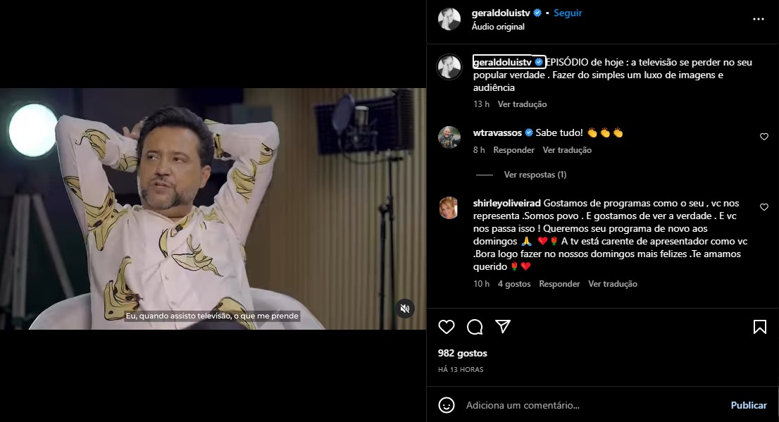 Geraldo Luís divulga vídeo falando o que pensa da TV nas redes sociais - Foto: Reprodução/instagram