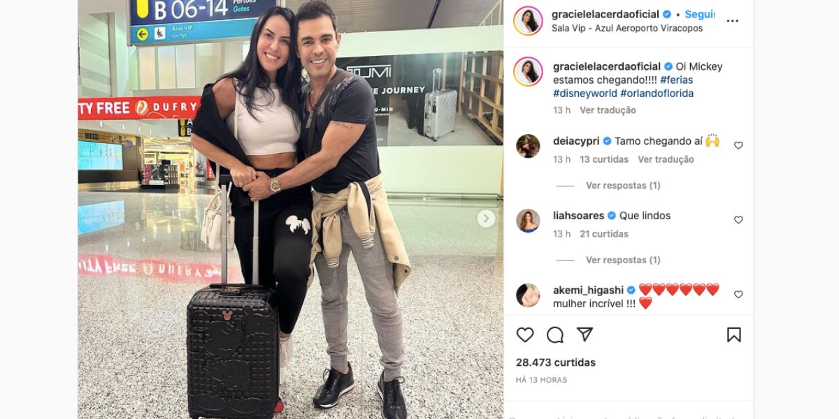 Nas redes sociais, Graciele Lacerda confirma que passará férias com Zezé Di Camargo em Orlando, nos Estados Unidos, desse modo, ela ficará lado a lado de Zilu, que mora na cidade (Foto: Reprodução / Instagram)