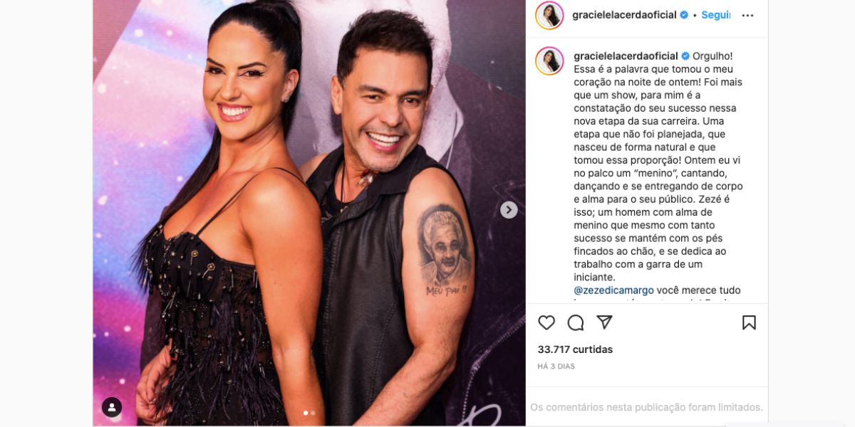 Nas redes sociais, Graciele Lacerda faz declaração emocionante sobre nascimento de carreira solo de Zezé Di Camargo (Foto: Reprodução / Instagram)