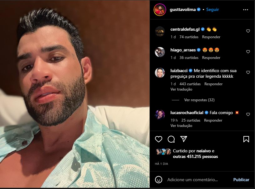 Gusttavo Lima divulga imagem com a camisa aberta e recado de Bacci não passa despercebido - Foto: Reprodução