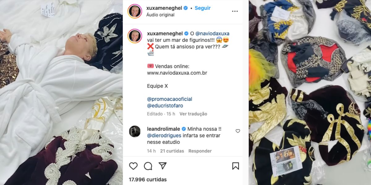 Em vídeo, Junno Andrade mostra Xuxa deitada no chão ao lado de várias roupas e loira confessa que peças serão exibidas em Navio, que irá homenagea-la em seu aniversário (Foto: Reprodução / Instagram)