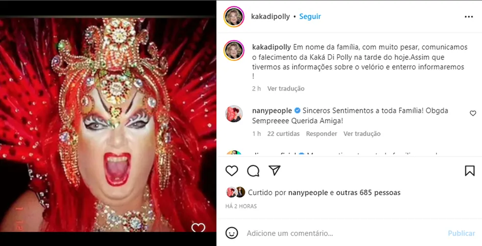 Publicação comunicando a morte da drag queen (Imagem: Reprodução)