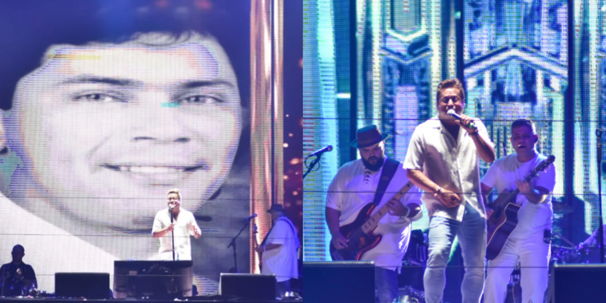 Leonardo homenageia Leandro no show da virada e emociona (Foto: Reprodução)