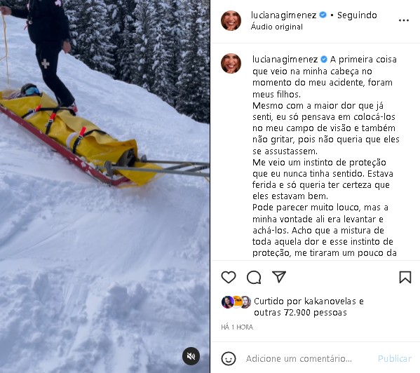 Luciana Gimenez sendo resgatada na neve (Foto: Reprodução/ Instagram)