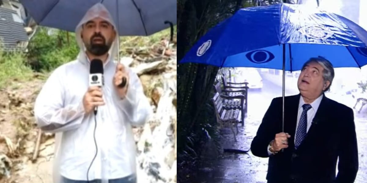 Carlos Miranda e Datena entraram com guarda-chuva ao vivo (Reprodução: Montagem TV Foco)