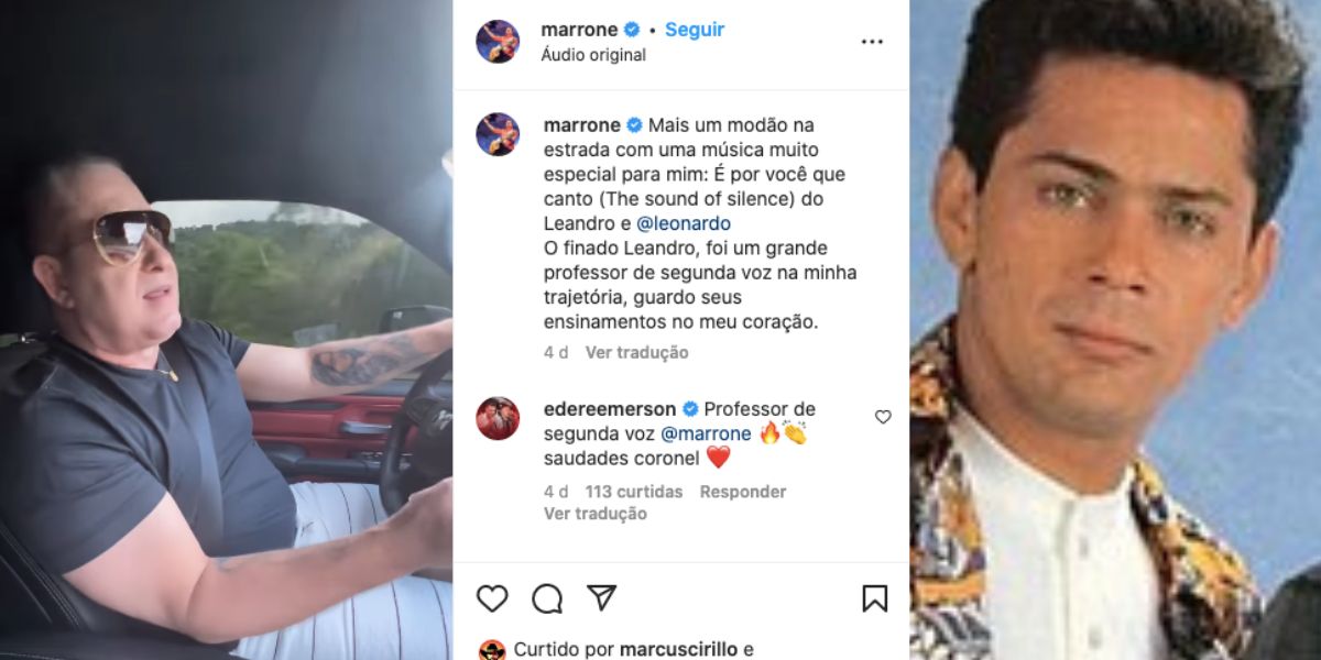 Marrone, da dupla com Bruna, surge em vídeo dentro de carro, faz declaração para Leandro, irmão de Leonardo, e admite o quanto sertanejo o ensinou, o quanto o ama e o quanto eram grandes amigos (Foto: Reprodução / Instagram)