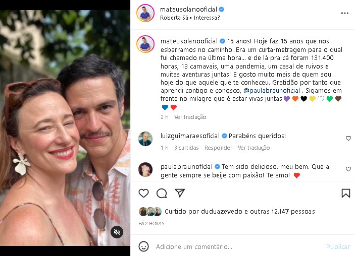 Mateus Solano se derreu por Paula Braun, seu grande amor - Foto: Reprodução/ Instagram