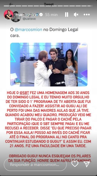 Marcos Mion esteve no Domingo Legal na época que Gugu comandava a atração e falou sobre projeto (Foto: Reprodução)