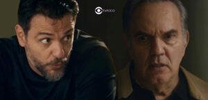 Travessia - Com o diabo no corpo, Moretti (Rodrigo Lombardi) vibra com a 'morte' de Guerra (Humberto Martins) (Foto: Reprodução / Globo / Montagem TV Foco)