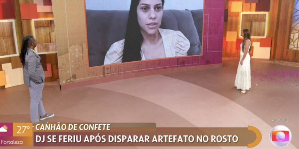 Durante o Encontro, da Globo, Patrícia Poeta pega canhão de festa, estoura confete ao vivo e  assusta a todos com barulho para dar notícia sobre acidente de DJ  (Foto: Reprodução / Globo) 