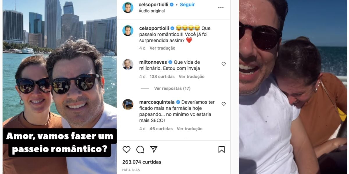 Nas redes sociais, Celso Portiolli deixou a privacidade de lado, compartilhou vídeo com seu grande amor, Suzana Marchi, com quem é casado há anos, e mostrou perrengue durante passeio romântico em barco durante viagem (Fotos: Reprodução / Instagram)