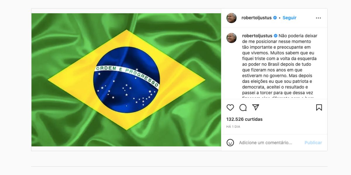 Nas redes sociais, Roberto Justus assume o outro lado, após declarar apoio a Jair Bolsonaro nas eleições, e confessa torcer por Luiz Inácio Lula da Silva, igual Zezé Di Camargo fez (Fotos: Reprodução / Instagram)