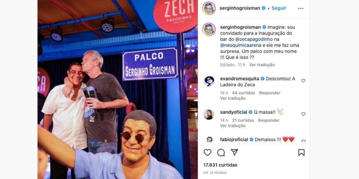 Serginho Groisman confessa que foi surpreendido por Zeca Pagodinho em bar e revela que cantor o surpreendeu (Foto: reprodução / twitter) 