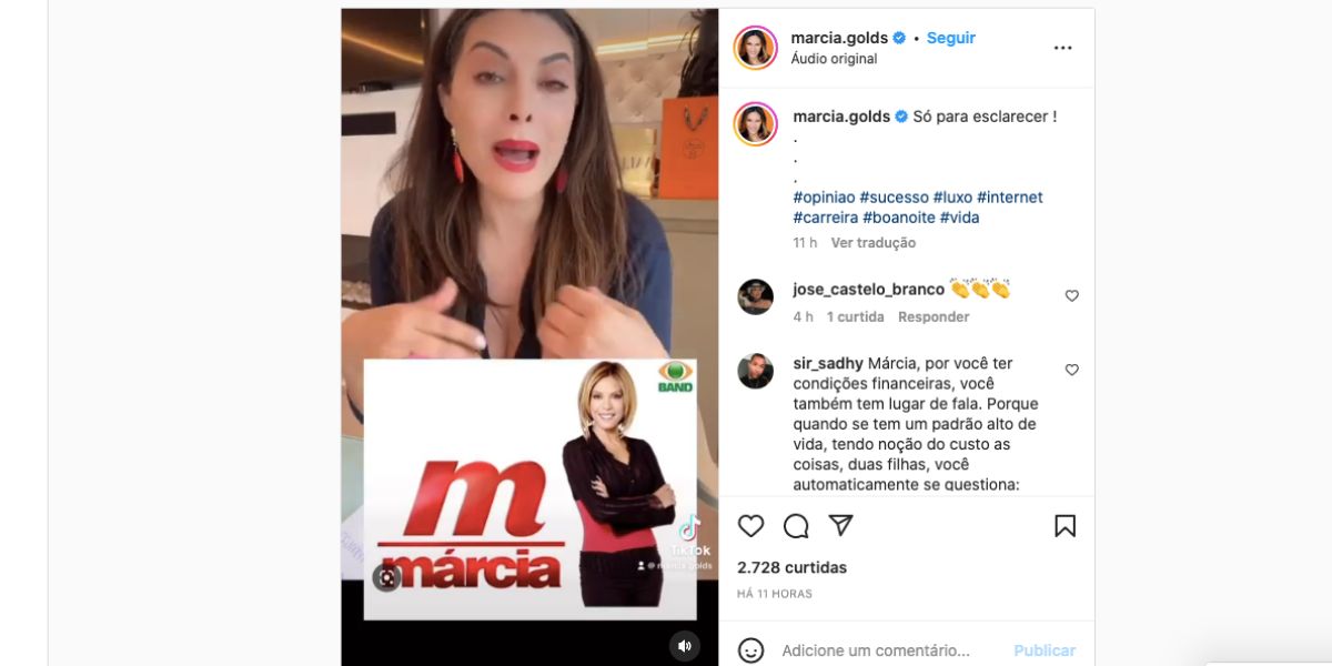 Márcia Goldschmidt fica revoltada ao ser atacada por ser rica (Foto: Reprodução / Instagram)