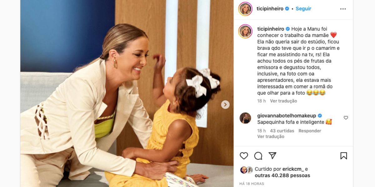 Ticiane Pinheiro leva Manuella, fruto do relacionamento com César Tralli, nos estúdios da Record, e confessa que filha ficou brava ao ter que sair do local por conta de programa (Foto: Reprodução / Hoje Em Dia)