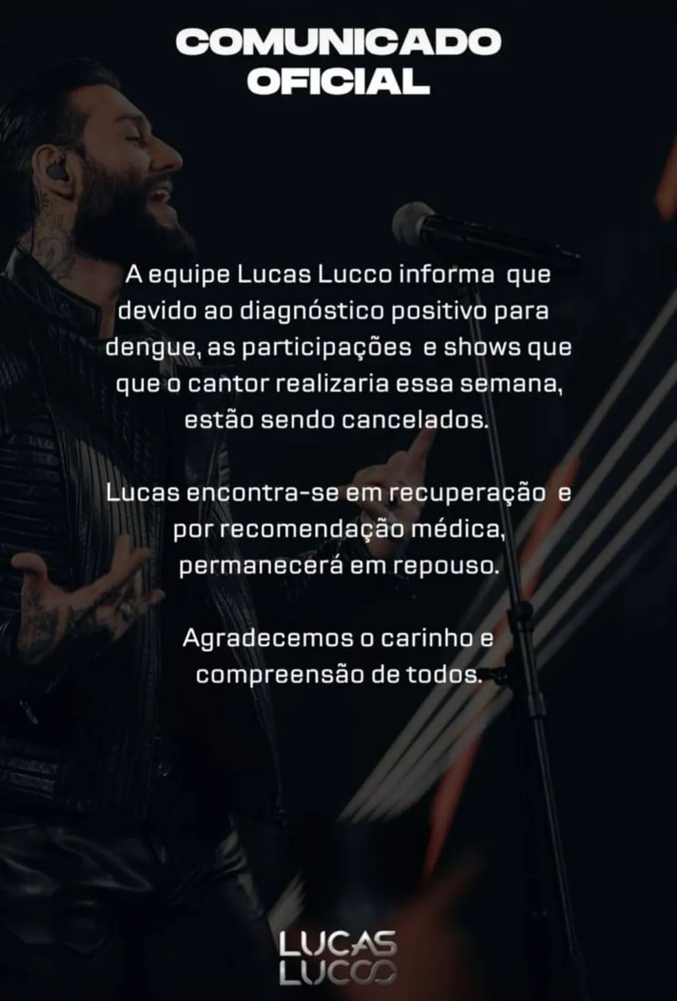 Lucas Lucco usa suas redes sociais para divulgar comunicado sobre diagnóstico de doença que pode até matar, e é obrigado a cancelar shows - Foto Reprodução