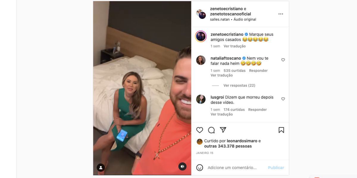 Nas redes sociais, Zé Neto compartilha vídeo de esposa, Natália, na cama, confessa que ter relações íntimas todos os dias faz bem para a saúde e brinca estar cansado com essa situação (Foto: Reprodução / Instagram)