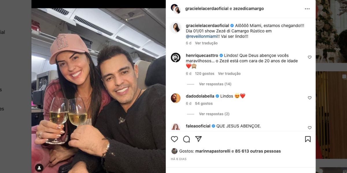 Zezé Di Camargo coloca Graciele Lacerda dentro de avião, casal fica em Miami em cidade ao lado de Zilu, que mora nos Estados Unidos (Fotos: reproduções instagram)