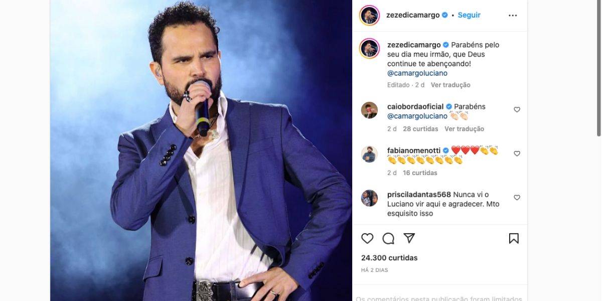 Zezé Di Camargo manda recado para Luciano devido ao seu aniversário de 50 anos, mas irmão ignora a publicação e nem sequer curte e comenta recado (Foto: Reprodução / Instagram)