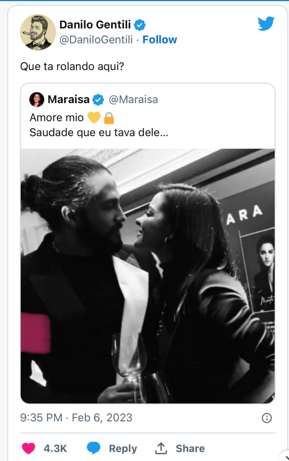 A cantora Maraisa, da dupla com Maiara, entrega foto com rapaz misterioso nas redes sociais e Danilo Gentili se pronuncia sobre o assunto - Foto Reprodução: Twitter