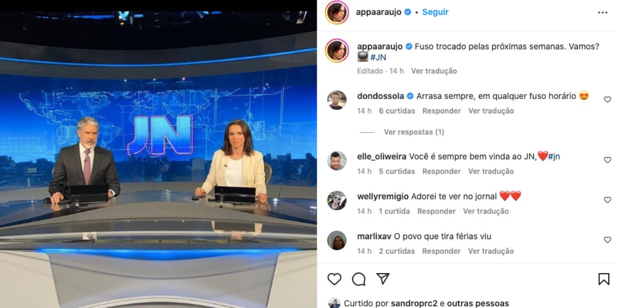 Renata Vasconcellos é substituída por Ana Paula Araújo devido aos seus dias de folga (Fotos: Reproduções / Instagram / Jornal Nacional)