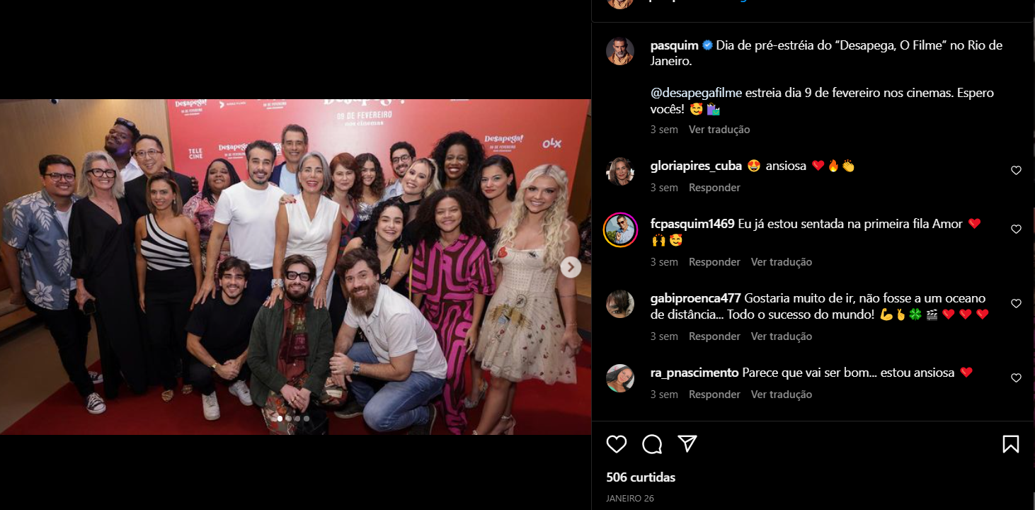 Publicação de Marcos Pasquim no Instagram divulgando a pré estreia do filme "Desapega" em que ele elenca (Foto Reprodução/Instagram)