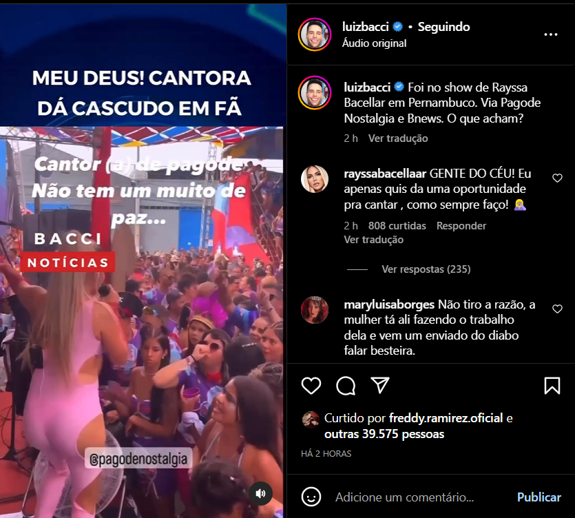 Publicação de Luiz Bacci mostrando o vídeo aonde a cantora Rayssa Bacellar surge dando um cascudo em fã com microfone (Foto Reprodução/Instagram)