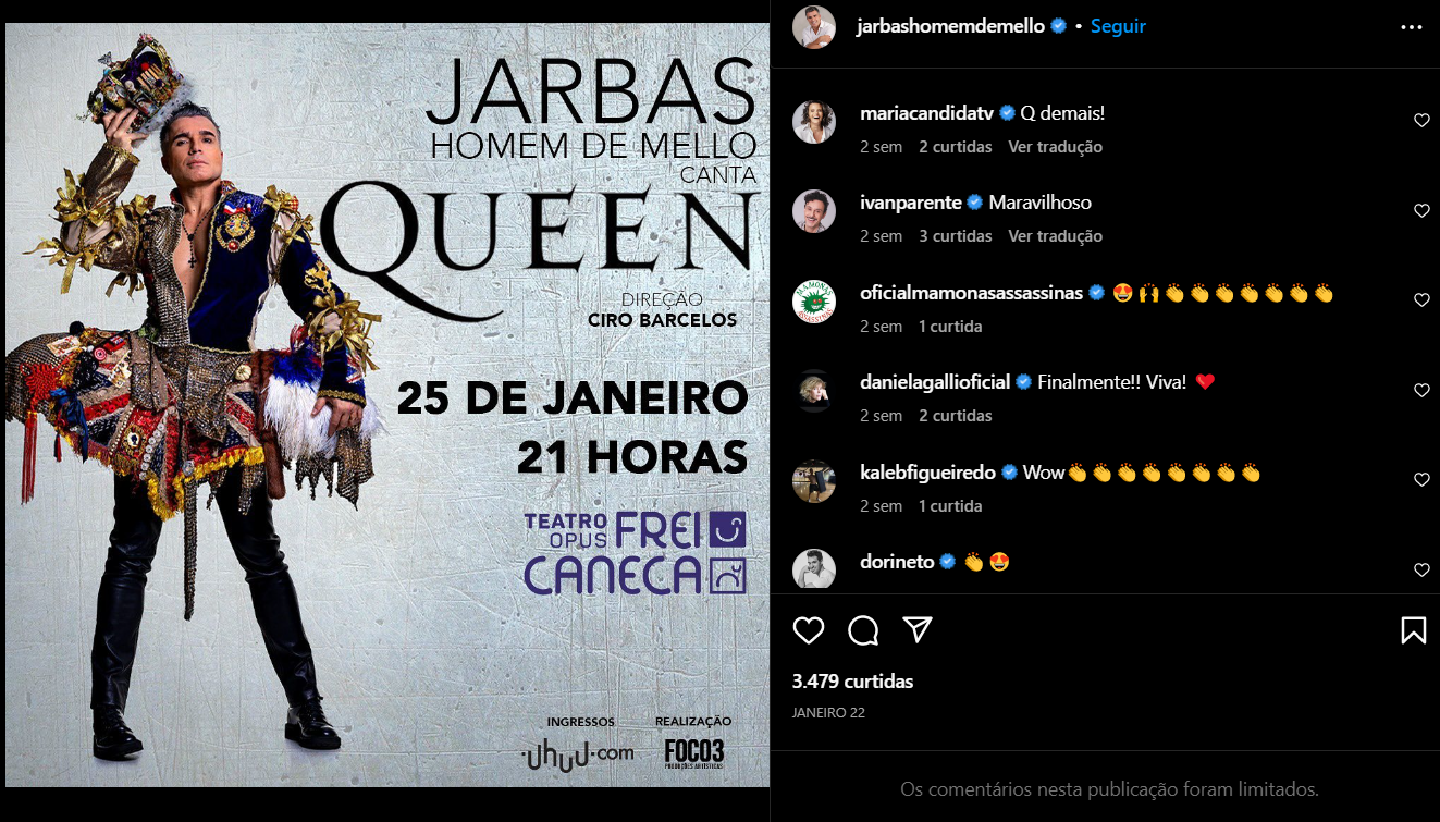 Jarbas Homem de Mello estava em cartaz em São Paulo e divulgou pelas redes sociais (Foto Reprodução/Instagram)