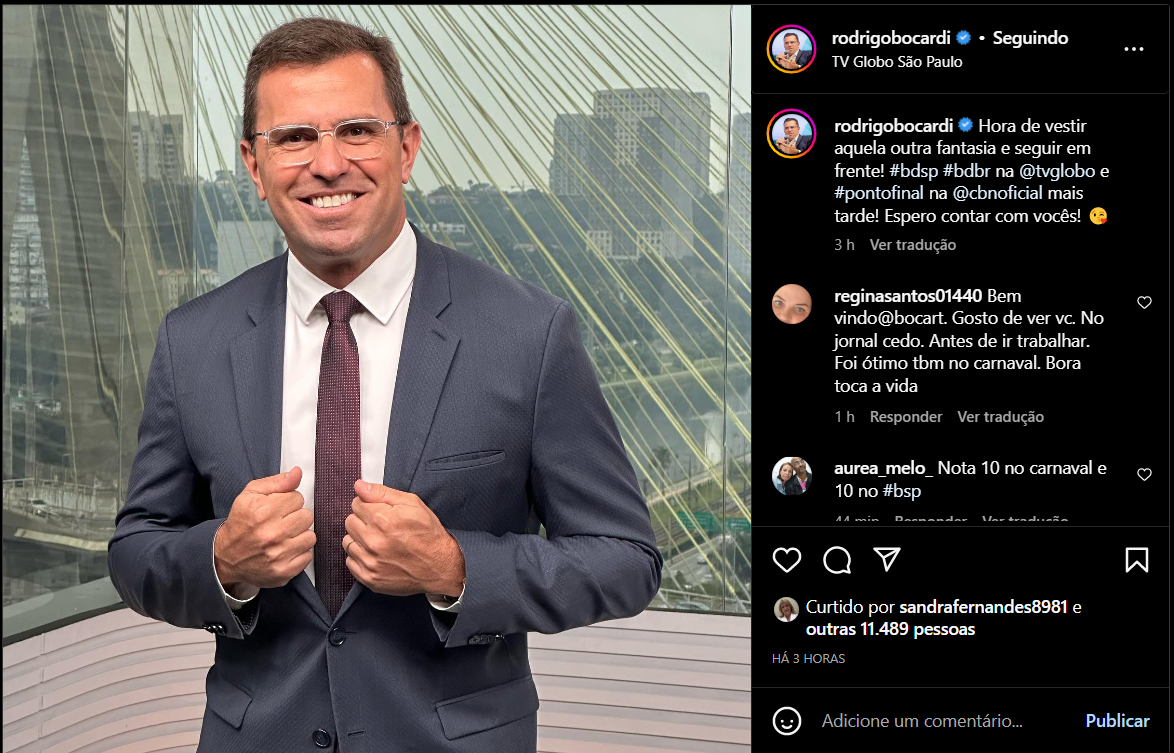 Publicação de Rodrigo Bocardi no "Instagram" demonstrando sua retomada (Foto Reprodução/Instagram)