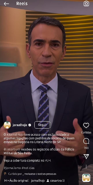 Publicação do 'Jornal Hoje' com César Tralli (Foto: Reprodução/ Instagram)