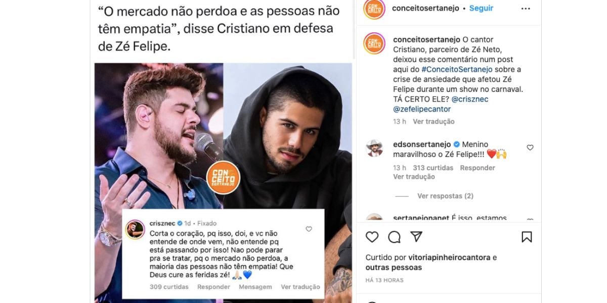 Cristiano mostra apoio para Zé Felipe, após ataques por conta de show (Foto: Reprodução / Instagram) 