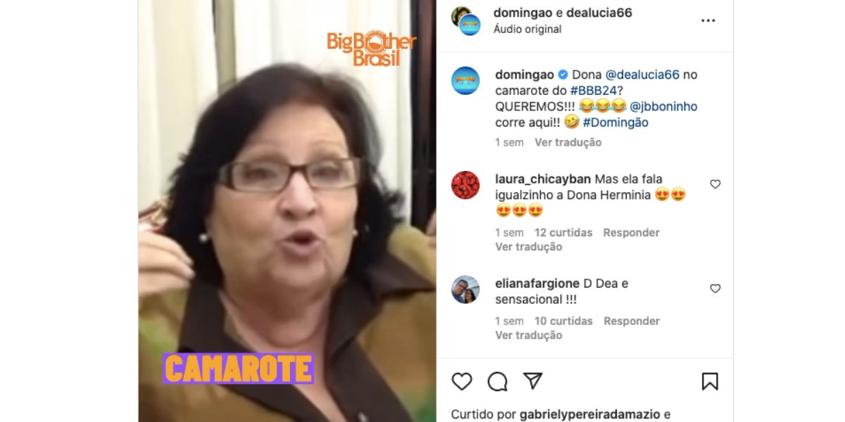  Dona Déa Lúcia diz que aceitaria participar do BBB para Luciano Huck  (Foto: Reprodução / Instagram) 