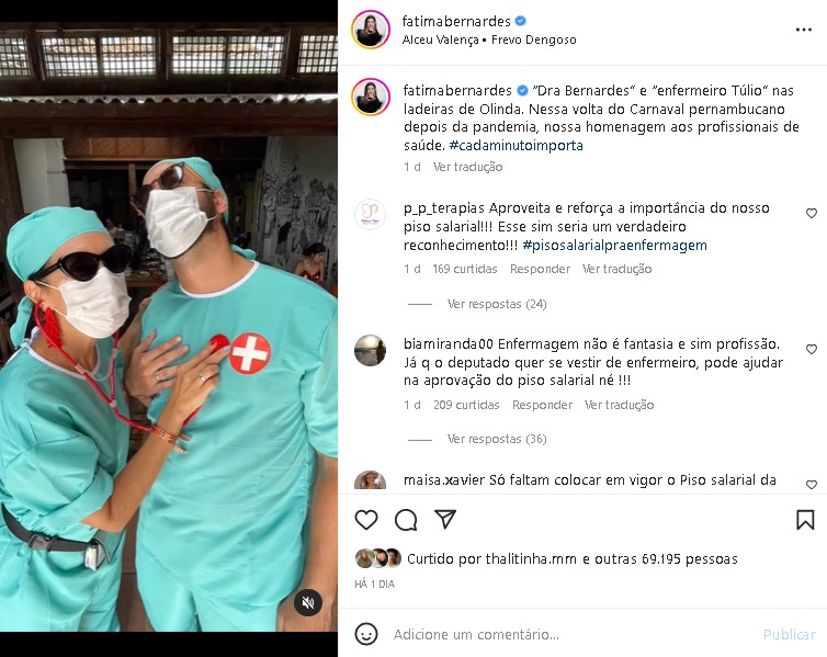 Fátima Bernardes e Túlio Gadêlha foram duramente criticados por usar fantasia da enfermagem (Foto: Reprodução/ Instagram)